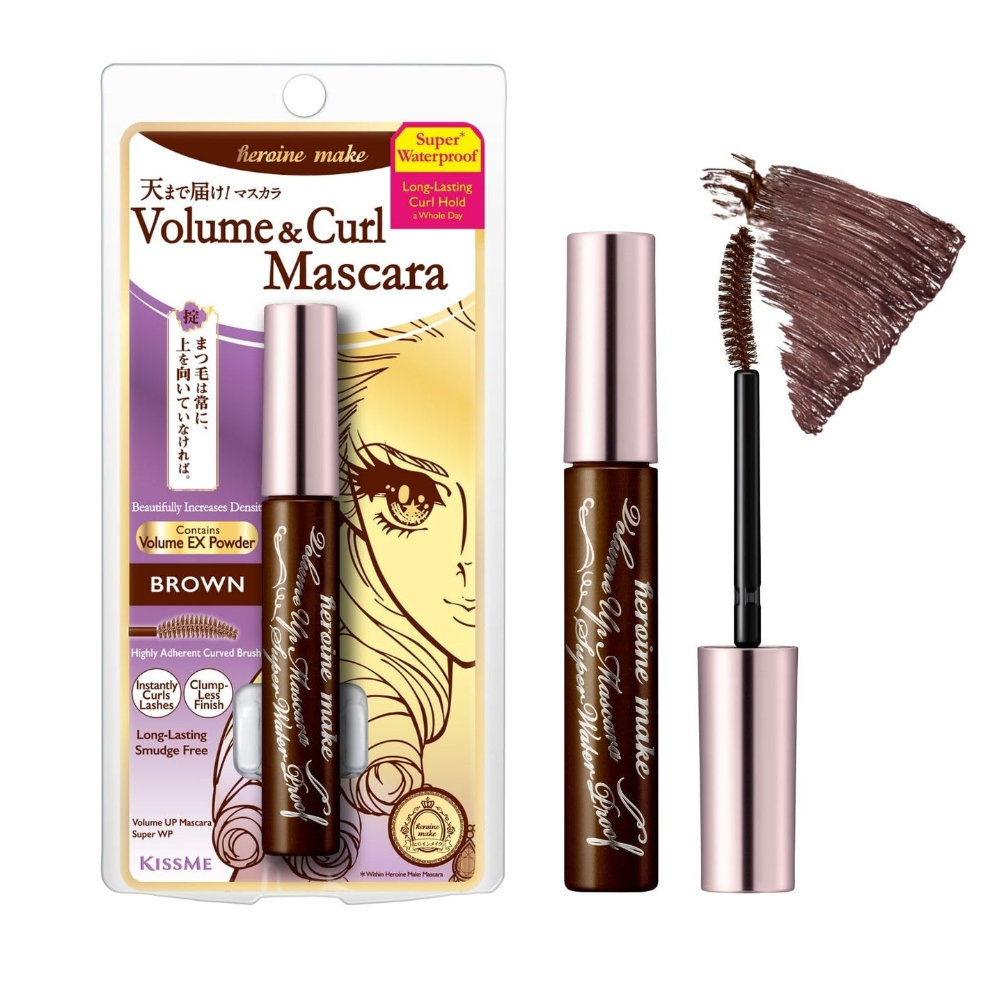 HEROINE MAKE by KISSME Brown Mascara Waterproof, MASCARA Volume and Length with Argan Oil, Camellia & Wild Rose Oil, Smudge-Proof and Long-Lasting Mascara for Women, Made in Japan, DARK BROWN, 1EA