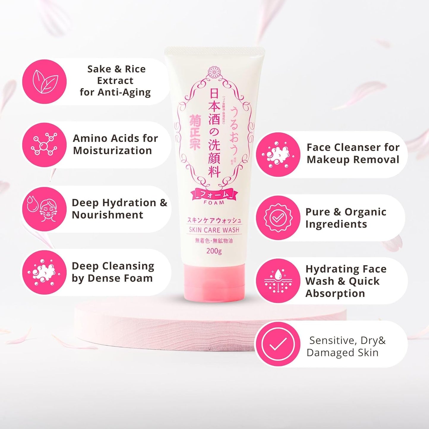 Foaming Face Wash for Women & Hydrating Face Wash for Men with Sake, Rice Extract, Placental Protein& Glycerin, Makeup Remover FACE WASH & Organic Facial Cleanser & from Japan 6.7 Fl Oz