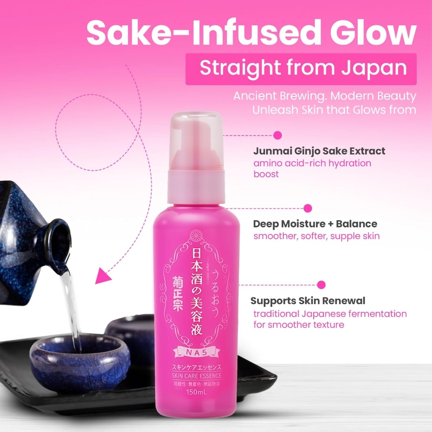 Natural & Hydrating Face Moisturizer Set with Organic Moisturizing Foaming Face Wash Cleanser & Facial Serum Essence with Vitamin C & Ceramide, Daily Use for All Skin Types, Made in Japan