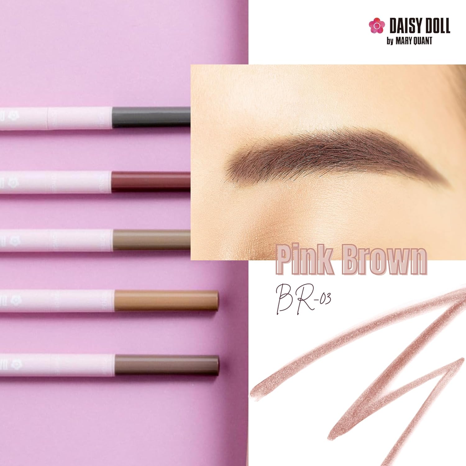 by Mary Quant Japanese 3-in-1 Eyebrow Liner Kit (Pencil, Powder & Brush) for Long-wearing Brow Powder and Bursh for Smuge-free Eye Makeup, BR03 Pink Brown 0.02 fl oz