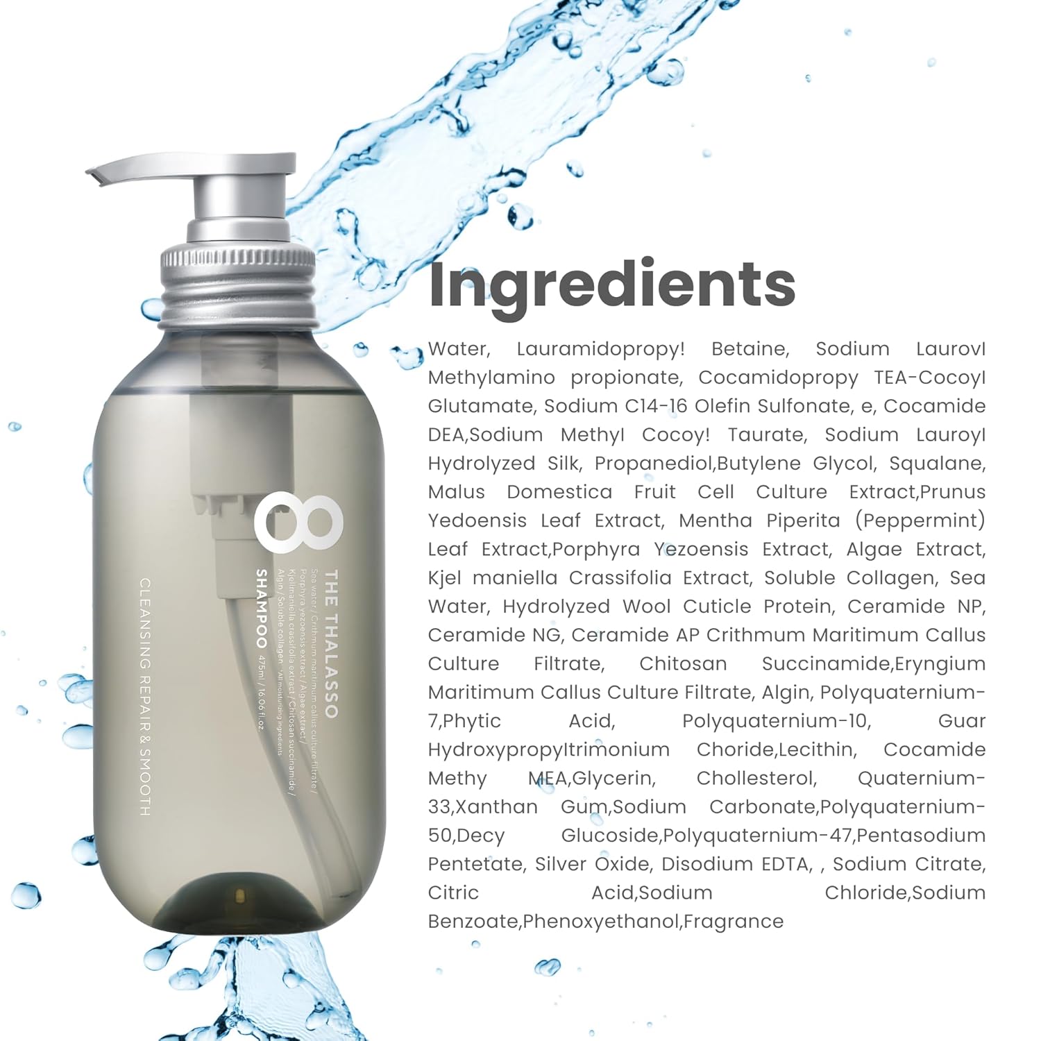 8 THE THALASSO Anti Frizz Shampoo for Women, Detangling Shampoo for Men by Stem Cells, Collagen, Tea Tree, Mint, Ceramides& Marine Plants, Japanese Paraben & Sulfate Free SHAMPOO 16.06 Fl Oz SMOOTH